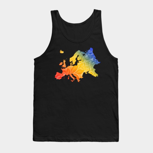 Colorful mandala art map of Europe with text in blue, yellow, and red Tank Top by Happy Citizen
